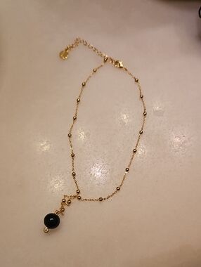 Gold Beaded Chain Necklace with Black Pendant - Women's Jewelry